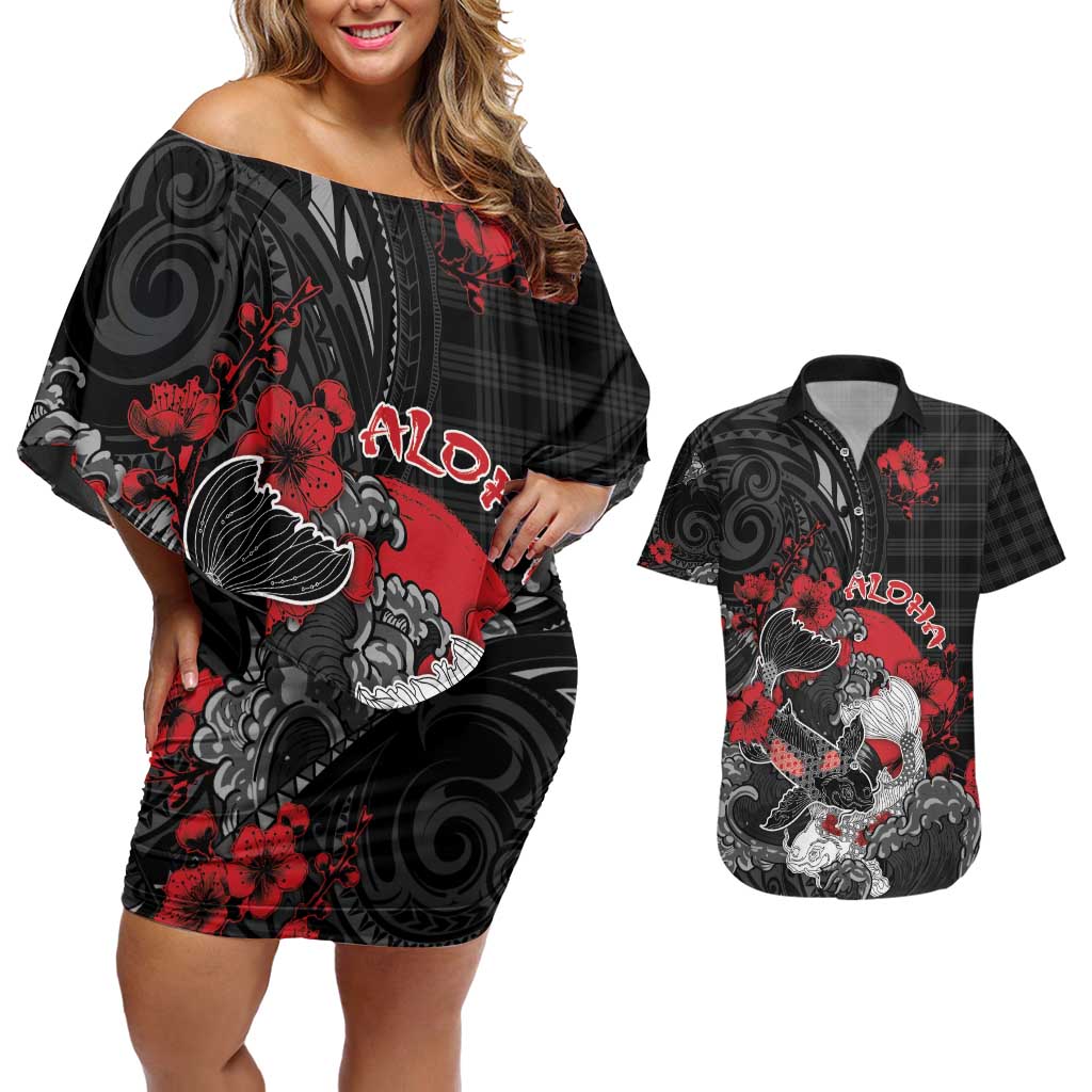 Personalised Hawaiian And Japanese Couples Matching Off Shoulder Short Dress and Hawaiian Shirt Aloha Koi Fish Palaka Patterns - Polynesian Pride
