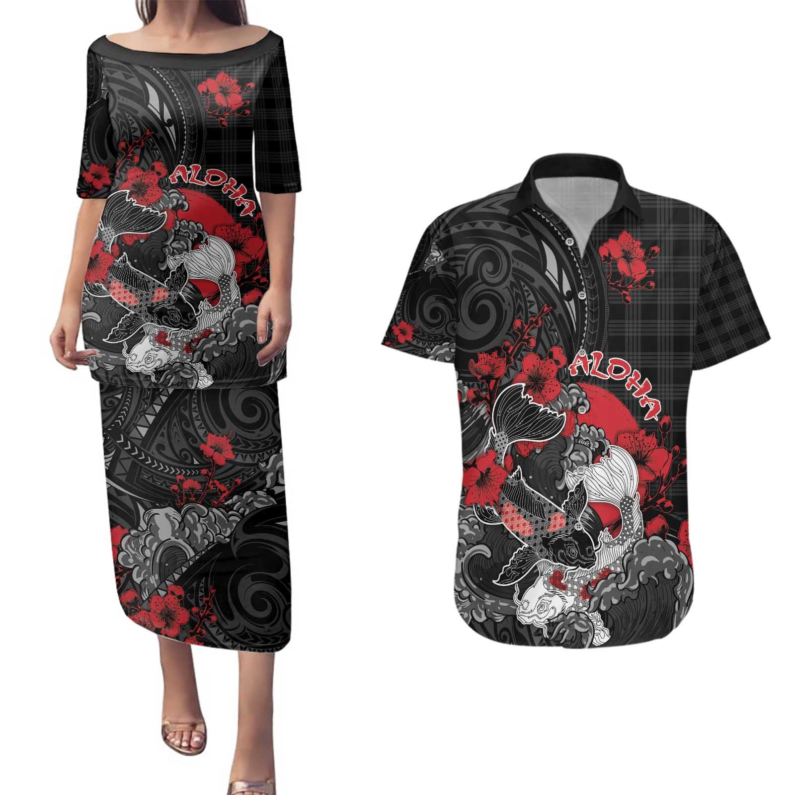 Personalised Hawaiian And Japanese Couples Matching Puletasi and Hawaiian Shirt Aloha Koi Fish Palaka Patterns DT05 Black - Polynesian Pride