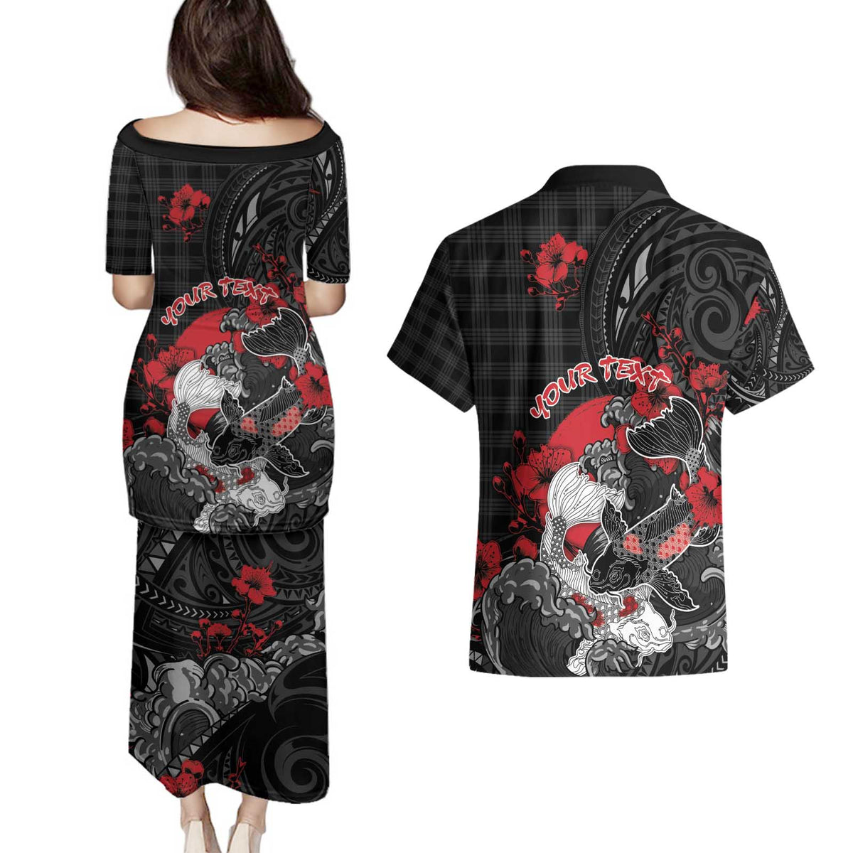 Personalised Hawaiian And Japanese Couples Matching Puletasi and Hawaiian Shirt Aloha Koi Fish Palaka Patterns DT05 - Polynesian Pride