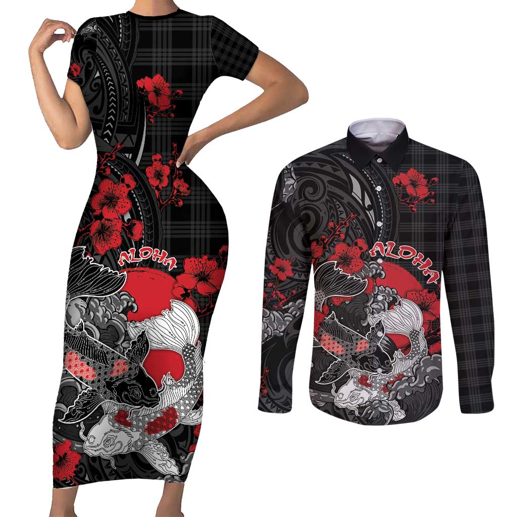Personalised Hawaiian And Japanese Couples Matching Short Sleeve Bodycon Dress and Long Sleeve Button Shirt Aloha Koi Fish Palaka Patterns - Polynesian Pride