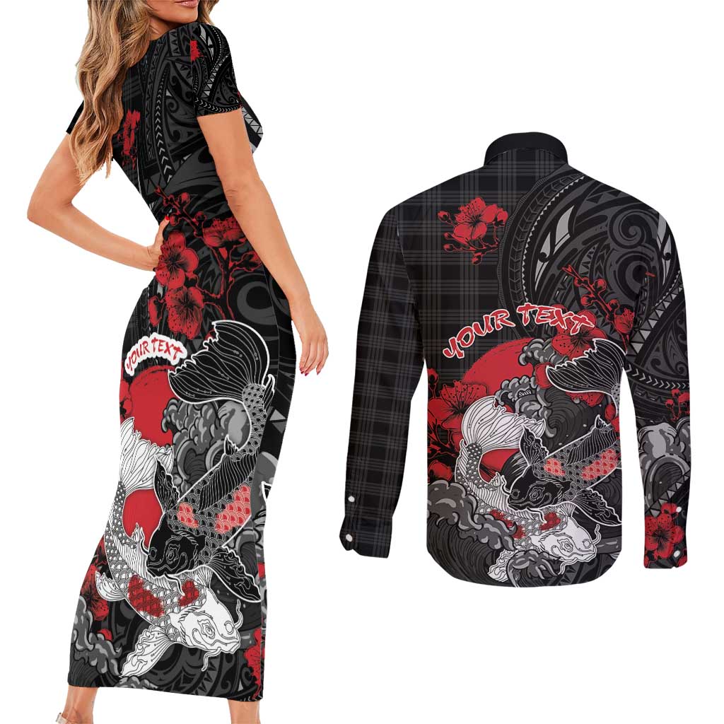 Personalised Hawaiian And Japanese Couples Matching Short Sleeve Bodycon Dress and Long Sleeve Button Shirt Aloha Koi Fish Palaka Patterns - Polynesian Pride