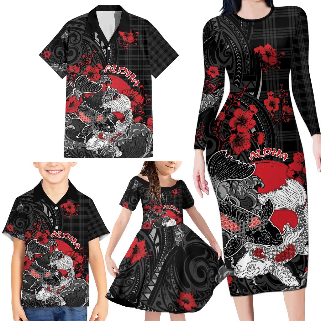 Personalised Hawaiian And Japanese Family Matching Long Sleeve Bodycon Dress and Hawaiian Shirt Aloha Koi Fish Palaka Patterns - Polynesian Pride