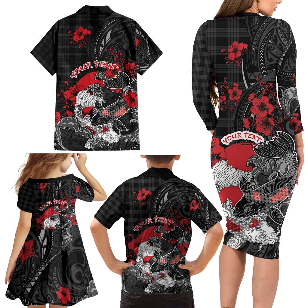 Personalised Hawaiian And Japanese Family Matching Long Sleeve Bodycon Dress and Hawaiian Shirt Aloha Koi Fish Palaka Patterns - Polynesian Pride