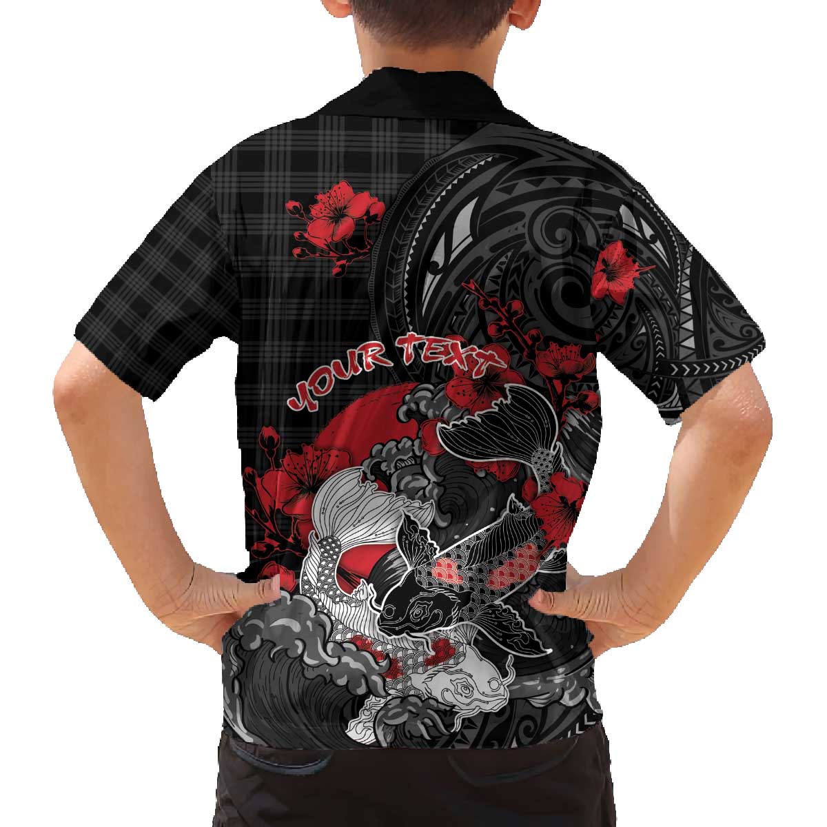 Personalised Hawaiian And Japanese Family Matching Off The Shoulder Long Sleeve Dress and Hawaiian Shirt Aloha Koi Fish Palaka Patterns - Polynesian Pride