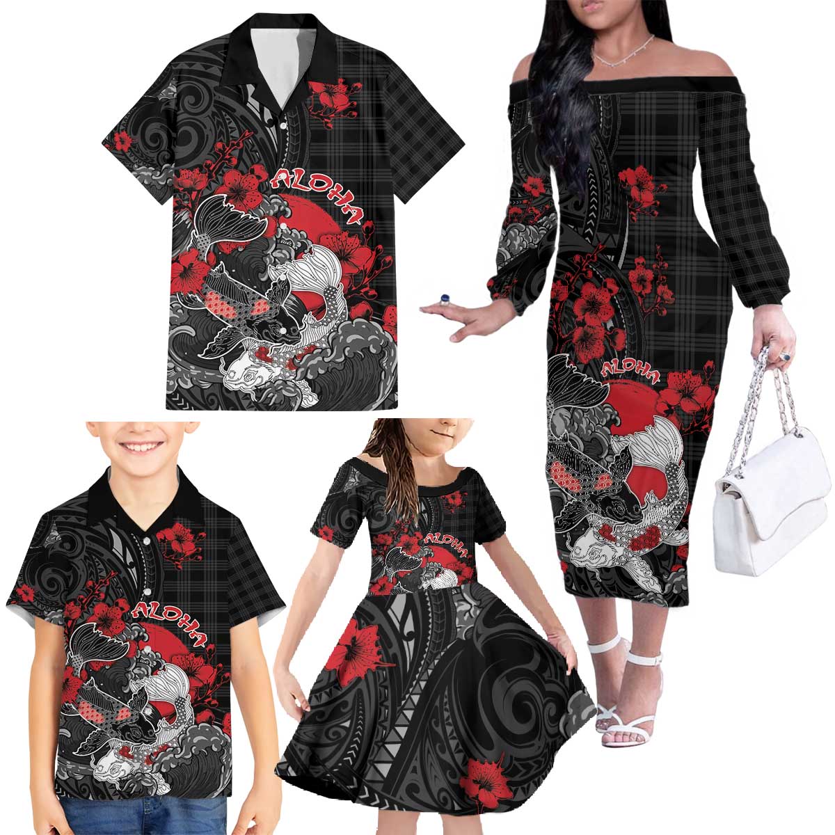 Personalised Hawaiian And Japanese Family Matching Off The Shoulder Long Sleeve Dress and Hawaiian Shirt Aloha Koi Fish Palaka Patterns - Polynesian Pride