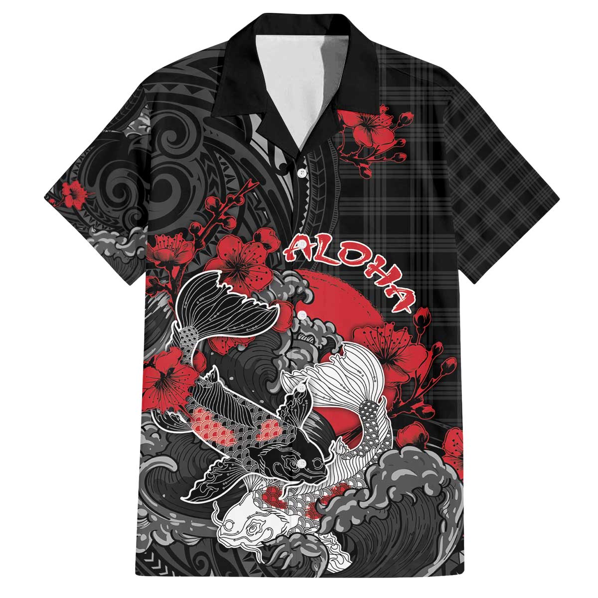 Personalised Hawaiian And Japanese Family Matching Off The Shoulder Long Sleeve Dress and Hawaiian Shirt Aloha Koi Fish Palaka Patterns - Polynesian Pride