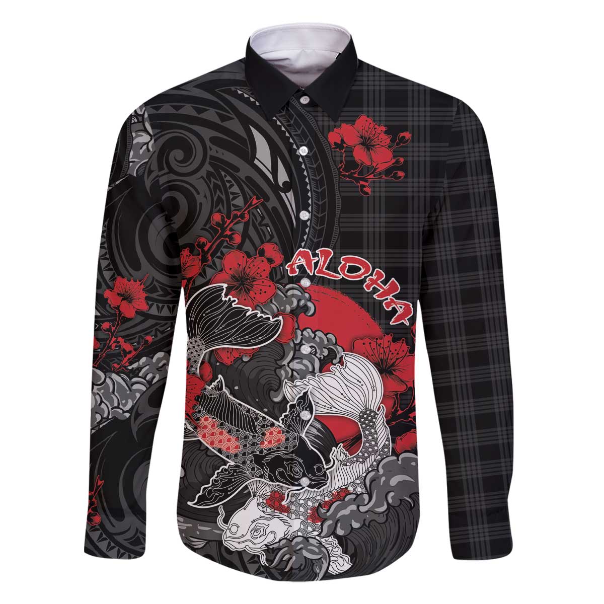 Personalised Hawaiian And Japanese Family Matching Off The Shoulder Long Sleeve Dress and Hawaiian Shirt Aloha Koi Fish Palaka Patterns - Polynesian Pride