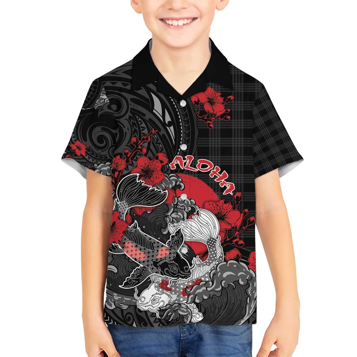 Personalised Hawaiian And Japanese Family Matching Off The Shoulder Long Sleeve Dress and Hawaiian Shirt Aloha Koi Fish Palaka Patterns - Polynesian Pride