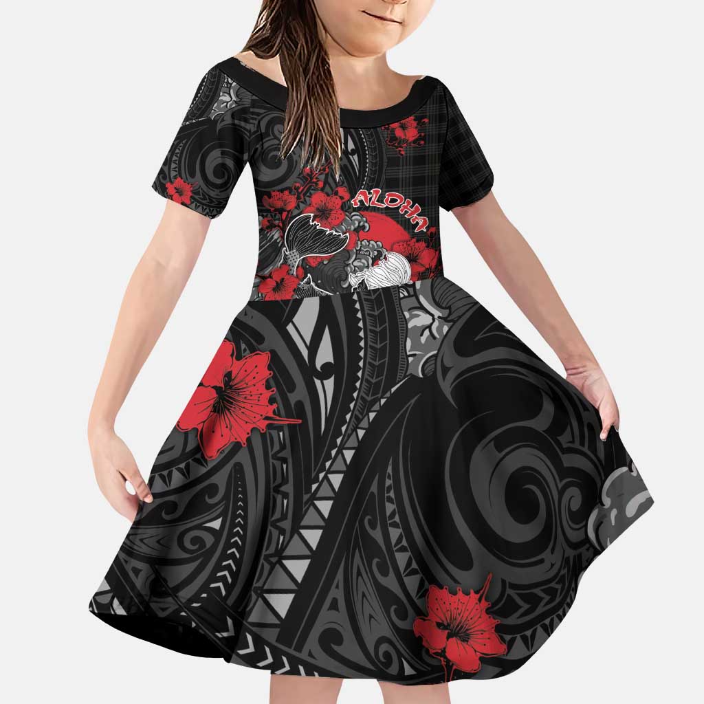 Personalised Hawaiian And Japanese Family Matching Puletasi and Hawaiian Shirt Aloha Koi Fish Palaka Patterns DT05 Daughter's Dress Black - Polynesian Pride