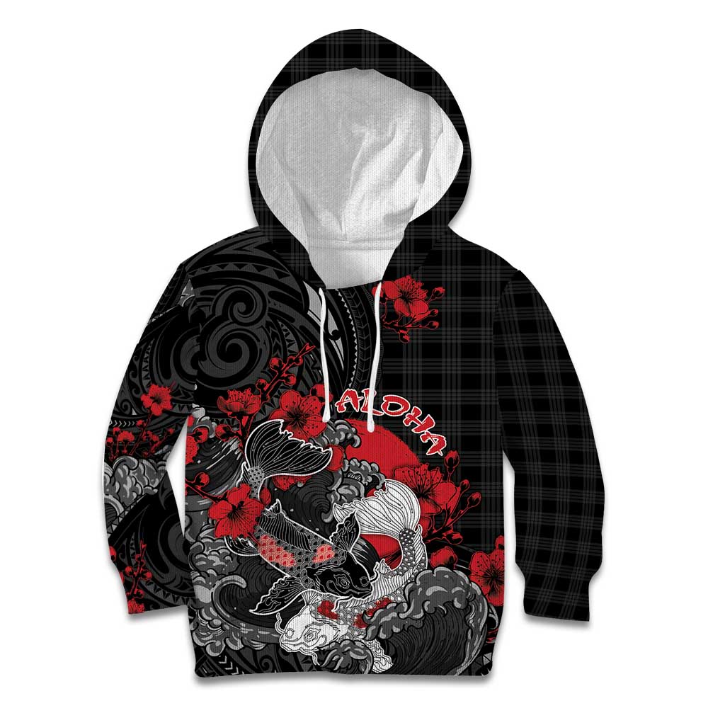 Personalised Hawaiian And Japanese Kid Hoodie Aloha Koi Fish Palaka Patterns DT05 Hoodie Black - Polynesian Pride