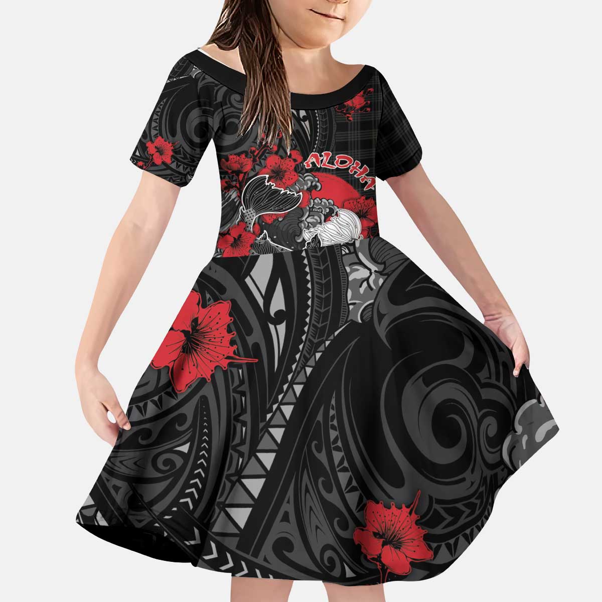 Personalised Hawaiian And Japanese Kid Short Sleeve Dress Aloha Koi Fish Palaka Patterns DT05 KID Black - Polynesian Pride