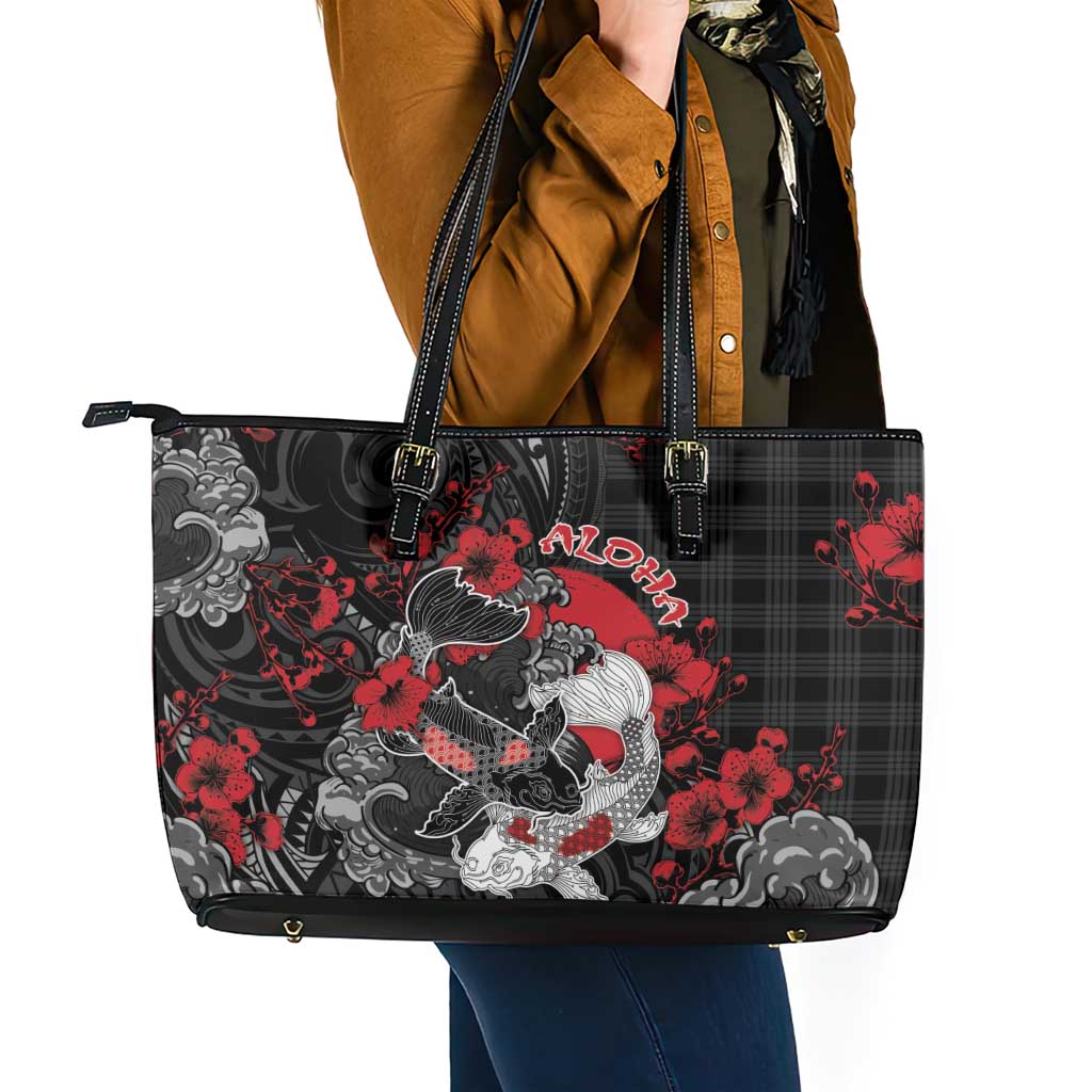 Hawaiian And Japanese Leather Tote Bag Aloha Koi Fish Palaka Patterns - Polynesian Pride