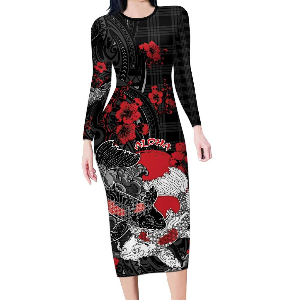 Personalised Hawaiian And Japanese Long Sleeve Bodycon Dress Aloha Koi Fish Palaka Patterns DT05 Long Dress Black - Polynesian Pride