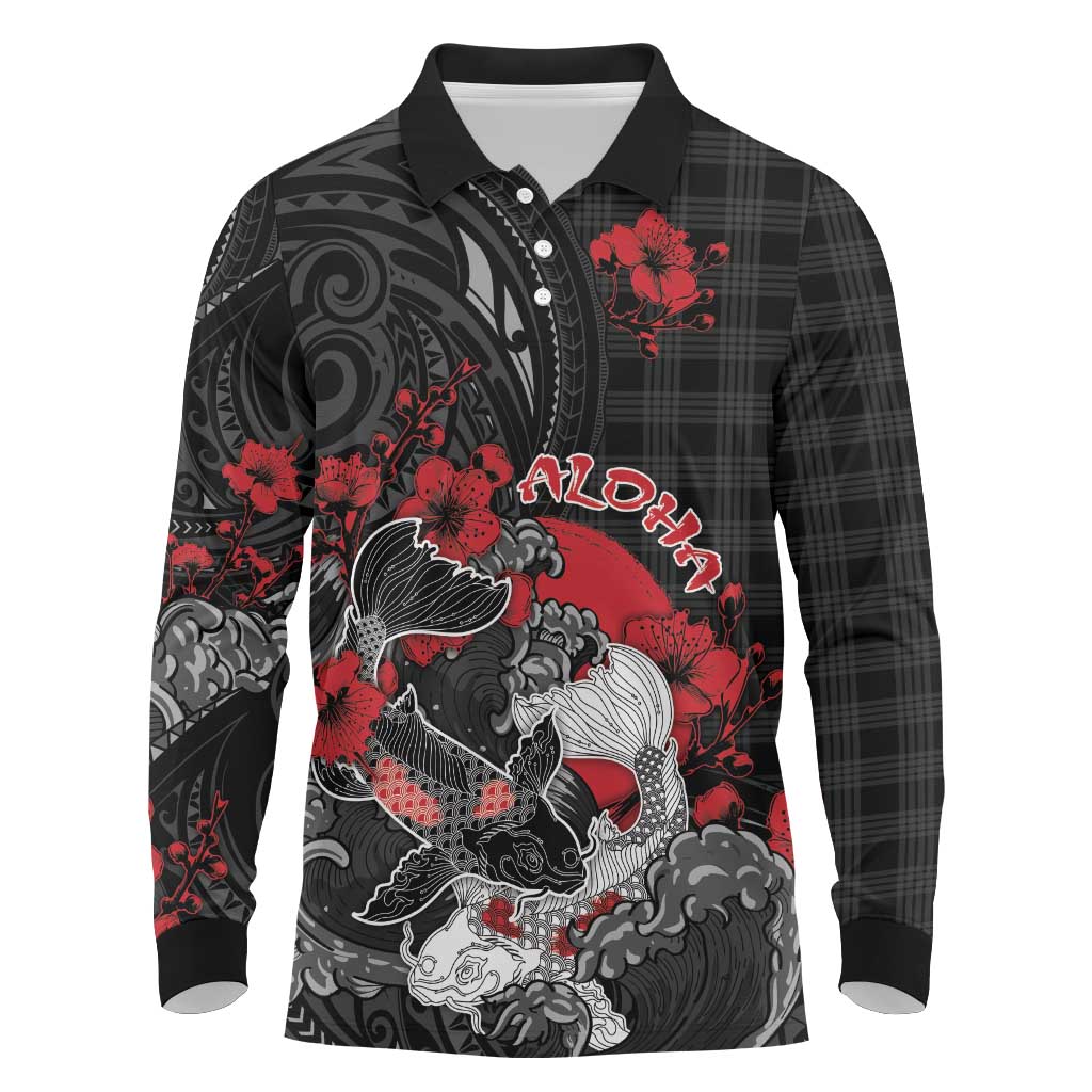 Personalised Hawaiian And Japanese Long Sleeve Polo Shirt Aloha Koi Fish Palaka Patterns DT05 Black - Polynesian Pride