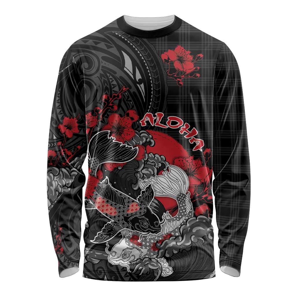Personalised Hawaiian And Japanese Long Sleeve Shirt Aloha Koi Fish Palaka Patterns - Polynesian Pride