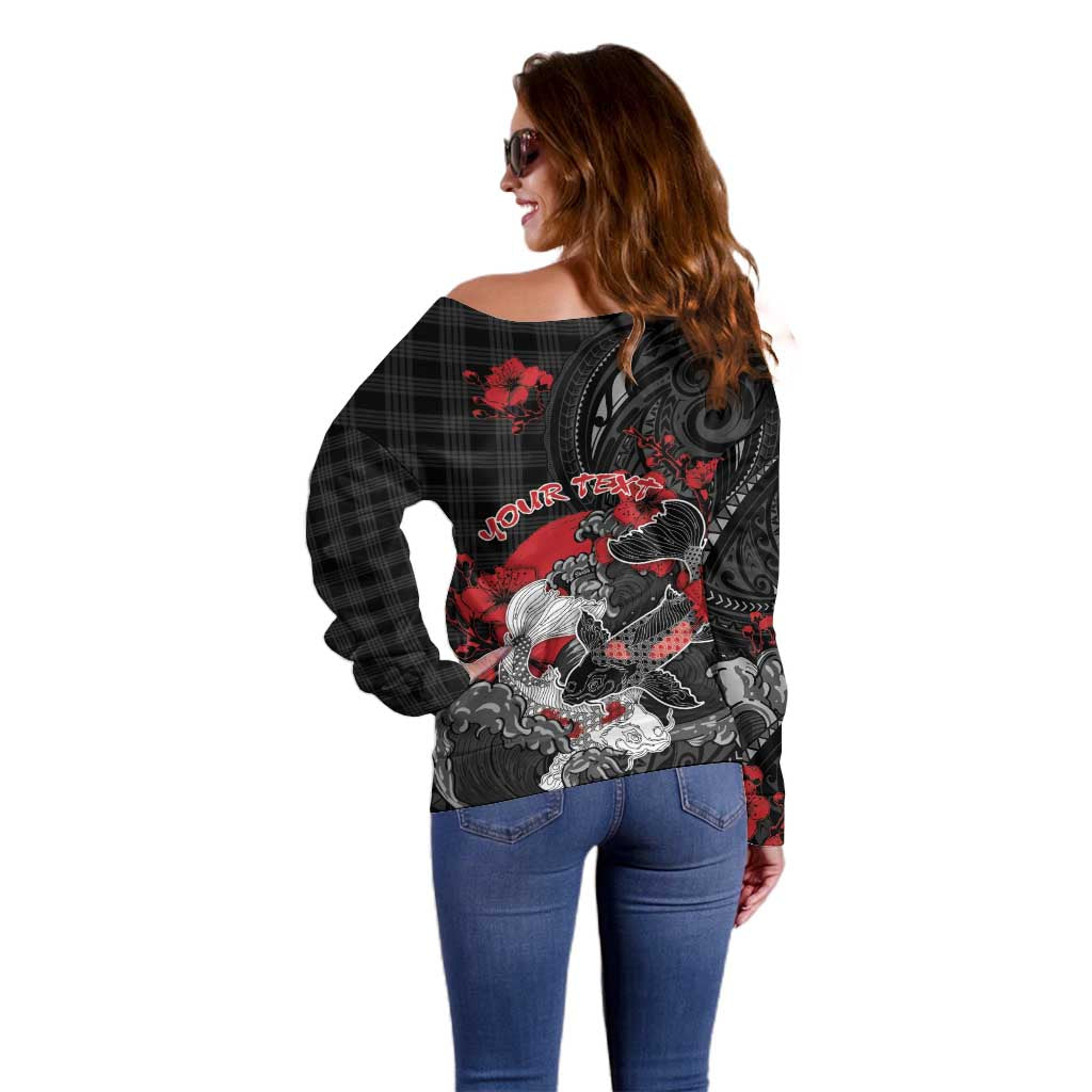 Personalised Hawaiian And Japanese Off Shoulder Sweater Aloha Koi Fish Palaka Patterns - Polynesian Pride