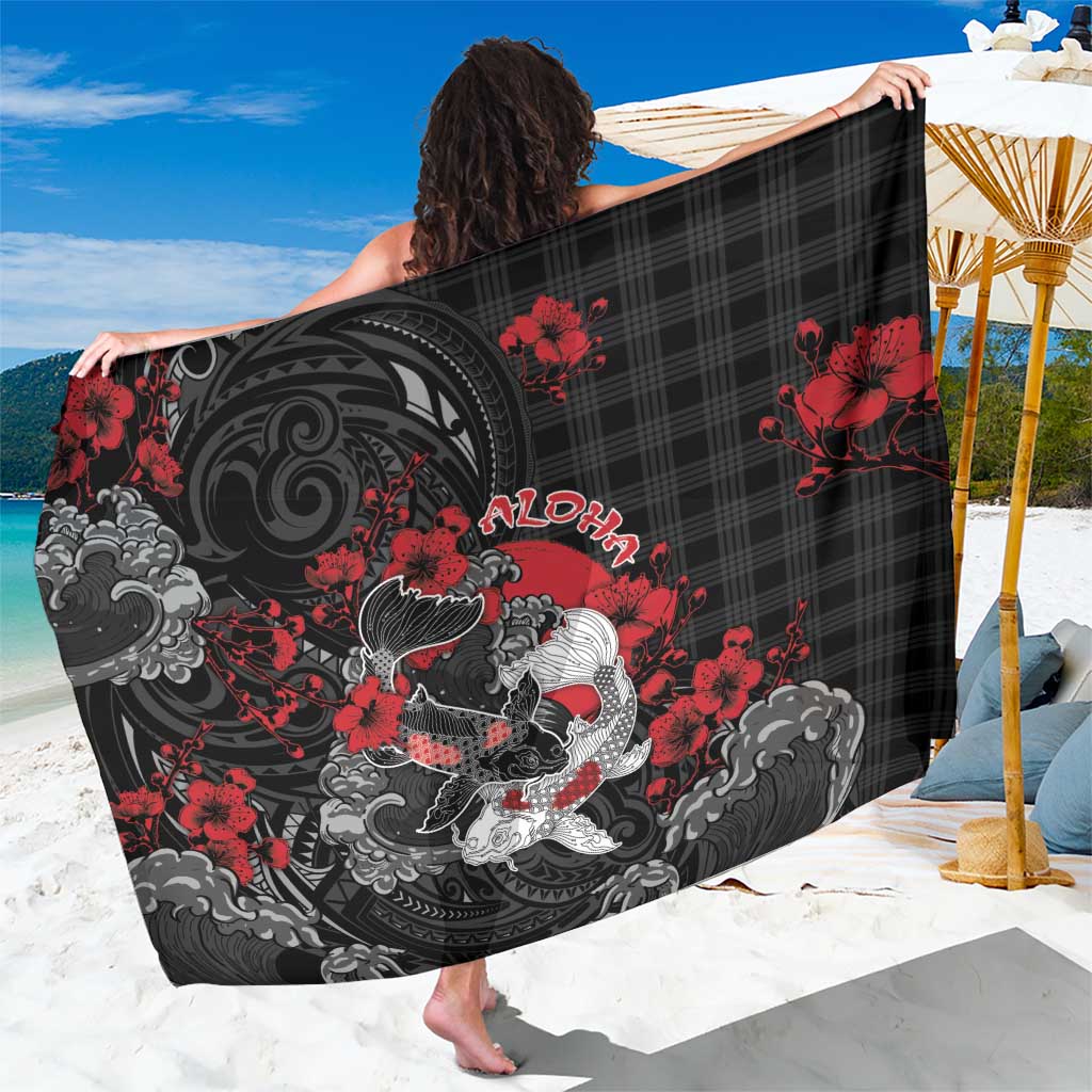 Hawaiian And Japanese Sarong Aloha Koi Fish Palaka Patterns DT05 One Size 44 x 66 inches Black - Polynesian Pride