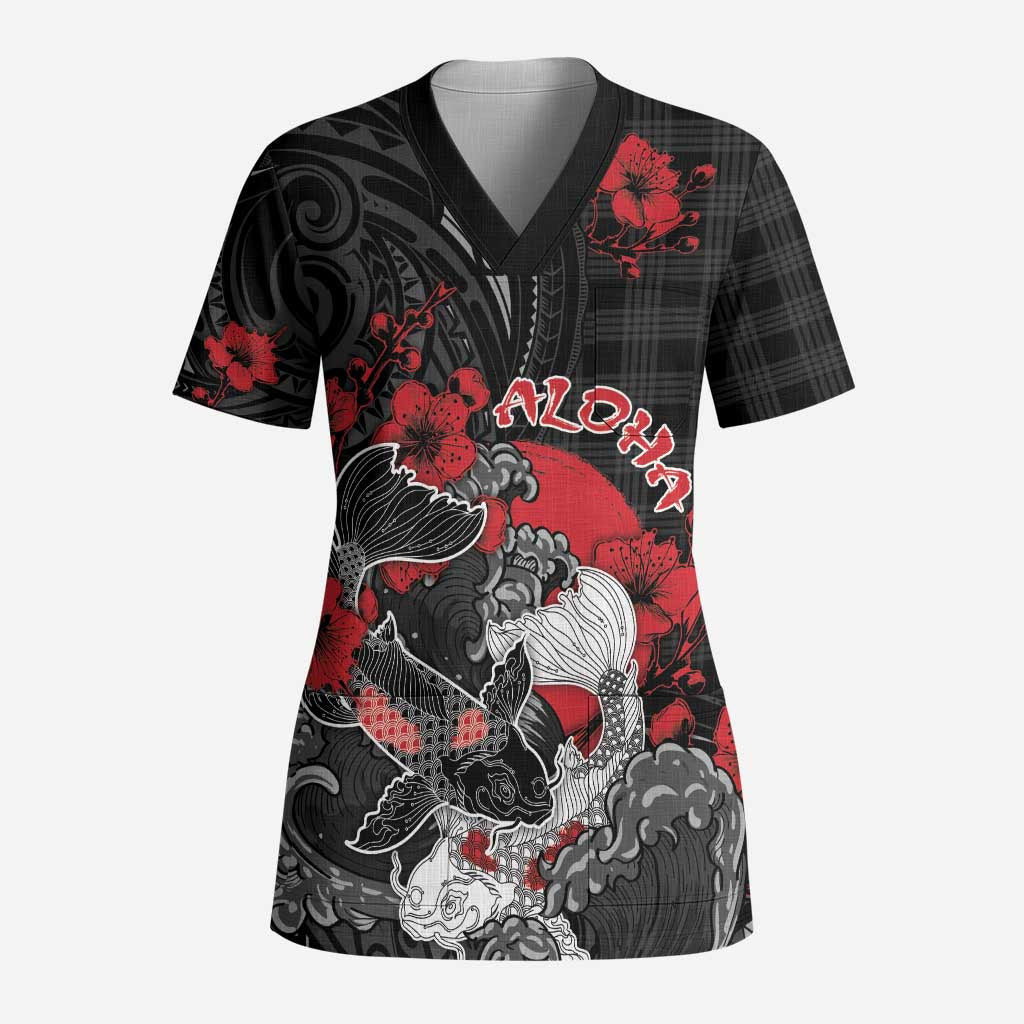 Personalised Hawaiian And Japanese Scrub Top Aloha Koi Fish Palaka Patterns - Polynesian Pride