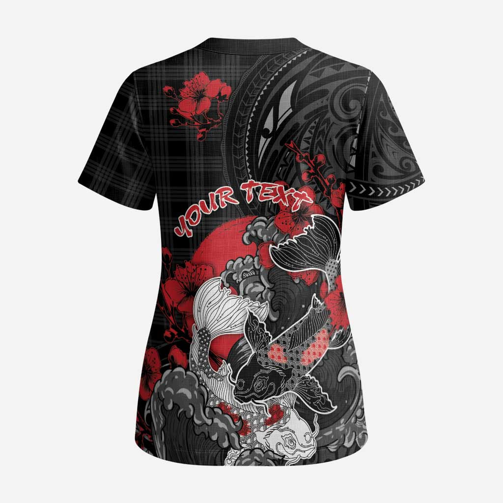 Personalised Hawaiian And Japanese Scrub Top Aloha Koi Fish Palaka Patterns - Polynesian Pride