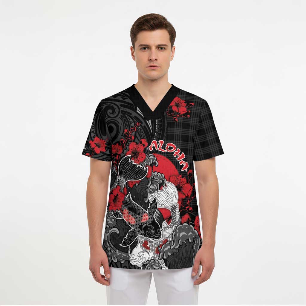 Personalised Hawaiian And Japanese Scrub Top Aloha Koi Fish Palaka Patterns - Polynesian Pride