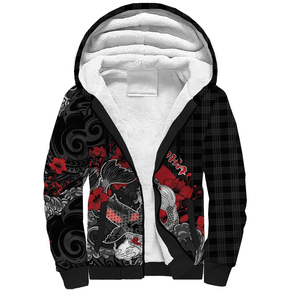 Personalised Hawaiian And Japanese Sherpa Hoodie Aloha Koi Fish Palaka Patterns DT05 Unisex Black - Polynesian Pride