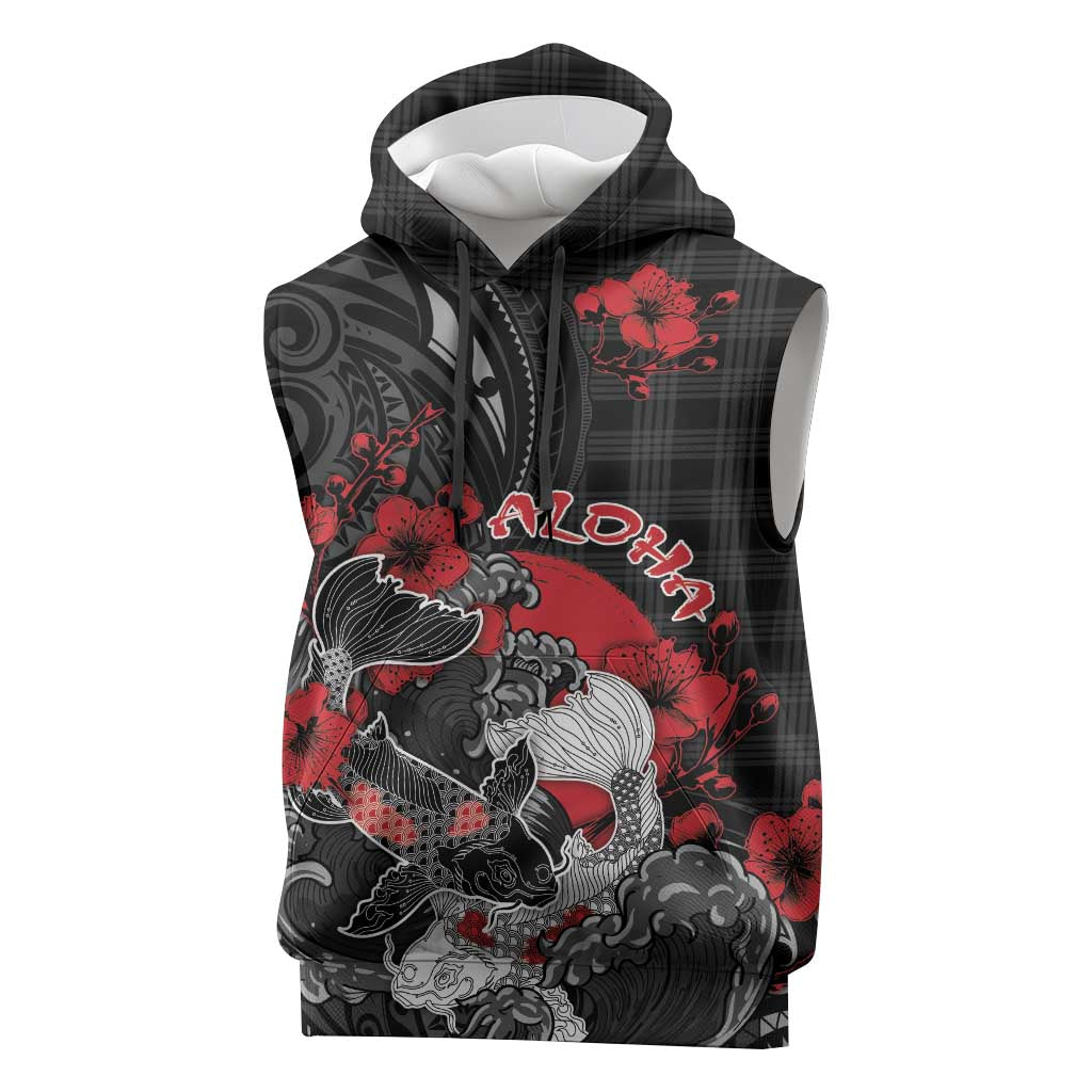 Personalised Hawaiian And Japanese Sleeveless Hoodie Aloha Koi Fish Palaka Patterns DT05 Black - Polynesian Pride