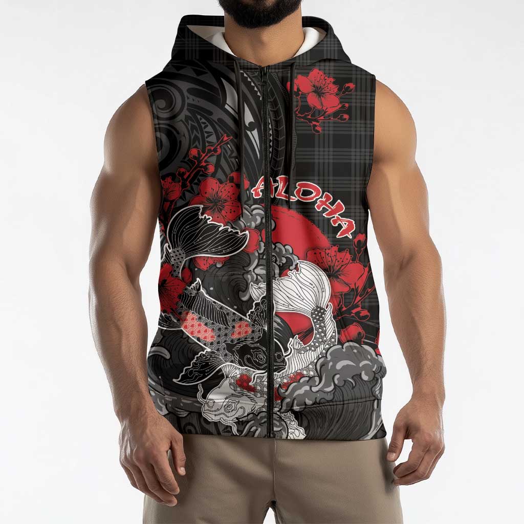Personalised Hawaiian And Japanese Sleeveless Zip Hoodie Aloha Koi Fish Palaka Patterns DT05 - Polynesian Pride