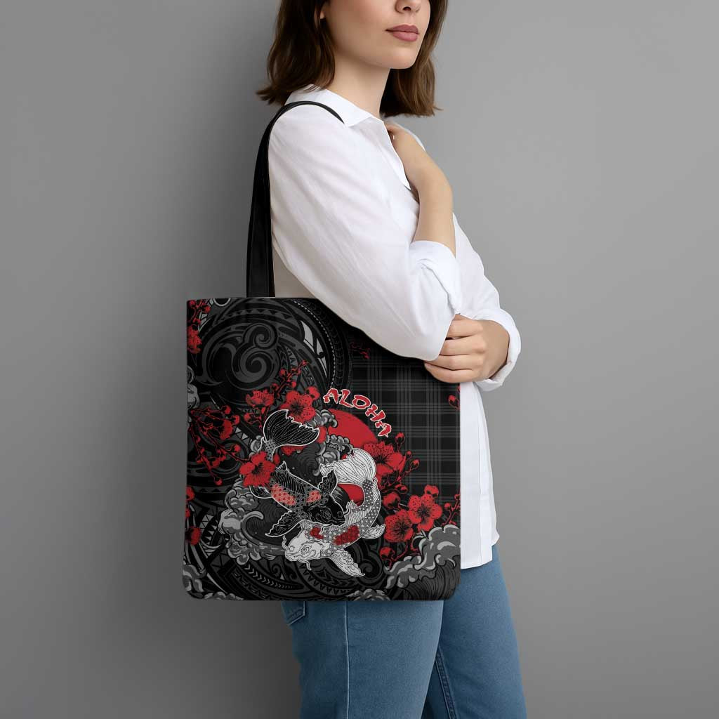 Hawaiian And Japanese Tote Bag Aloha Koi Fish Palaka Patterns - Polynesian Pride