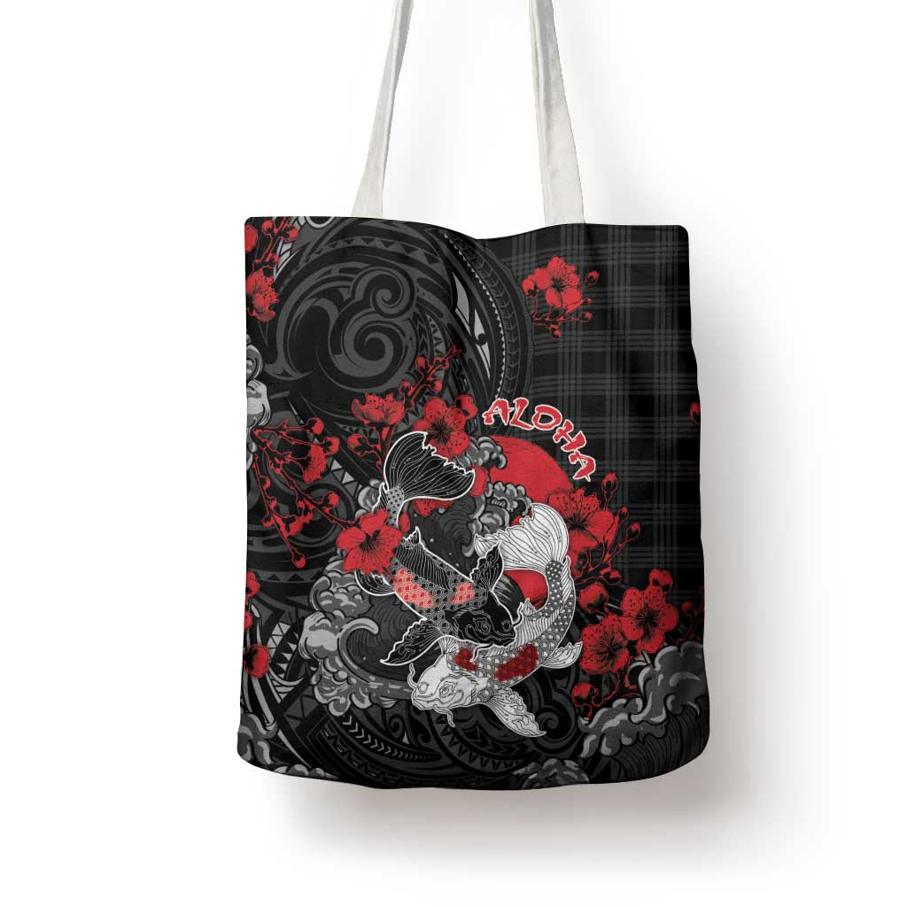 Hawaiian And Japanese Tote Bag Aloha Koi Fish Palaka Patterns - Polynesian Pride