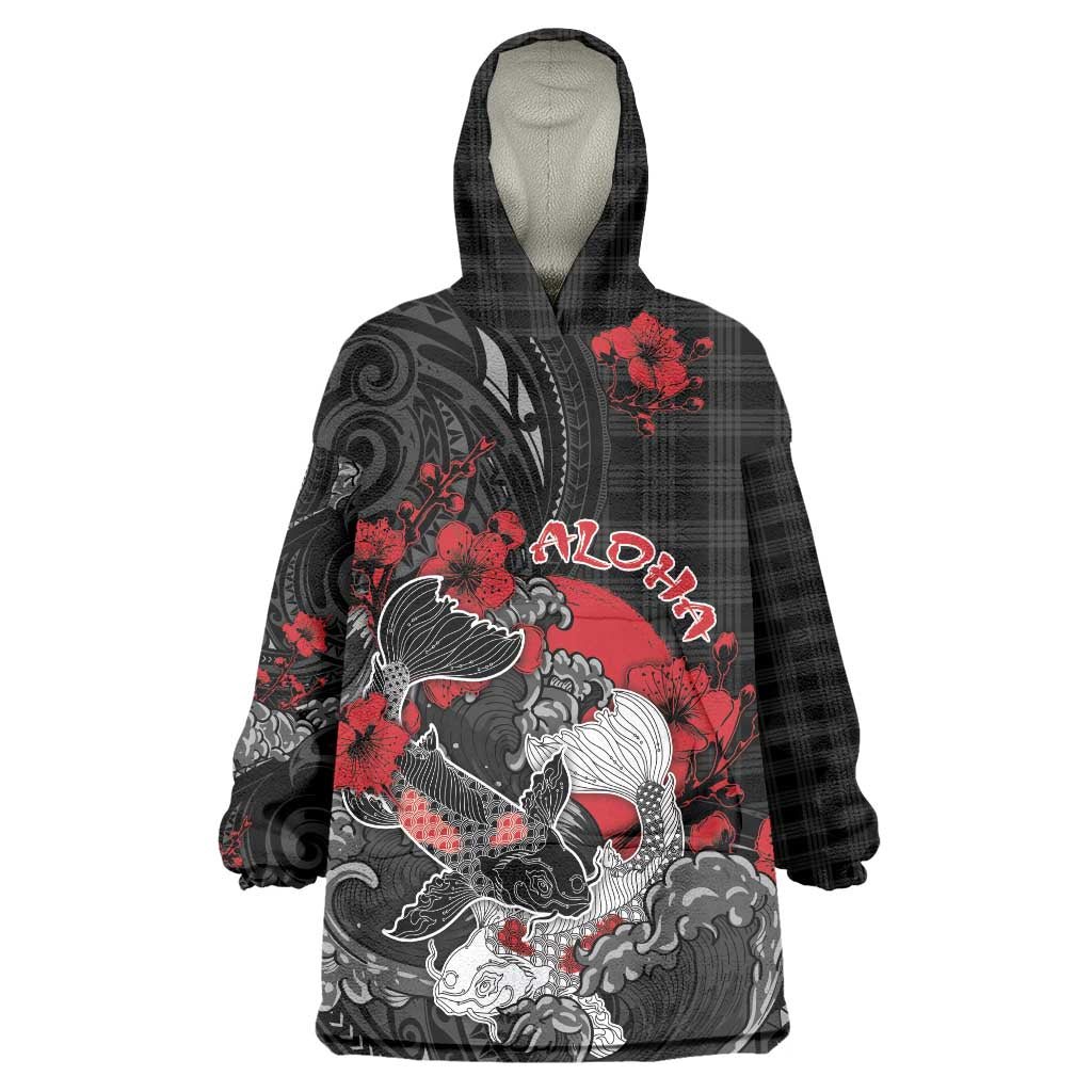 Personalised Hawaiian And Japanese Wearable Blanket Hoodie Aloha Koi Fish Palaka Patterns DT05 One Size Black - Polynesian Pride