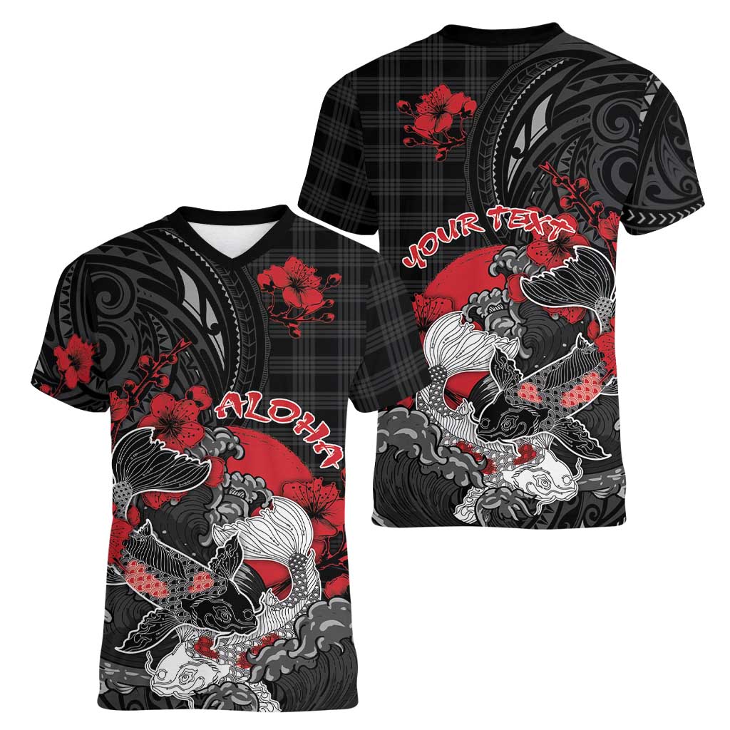 Personalised Hawaiian And Japanese Women V-Neck T-Shirt Aloha Koi Fish Palaka Patterns DT05 - Polynesian Pride