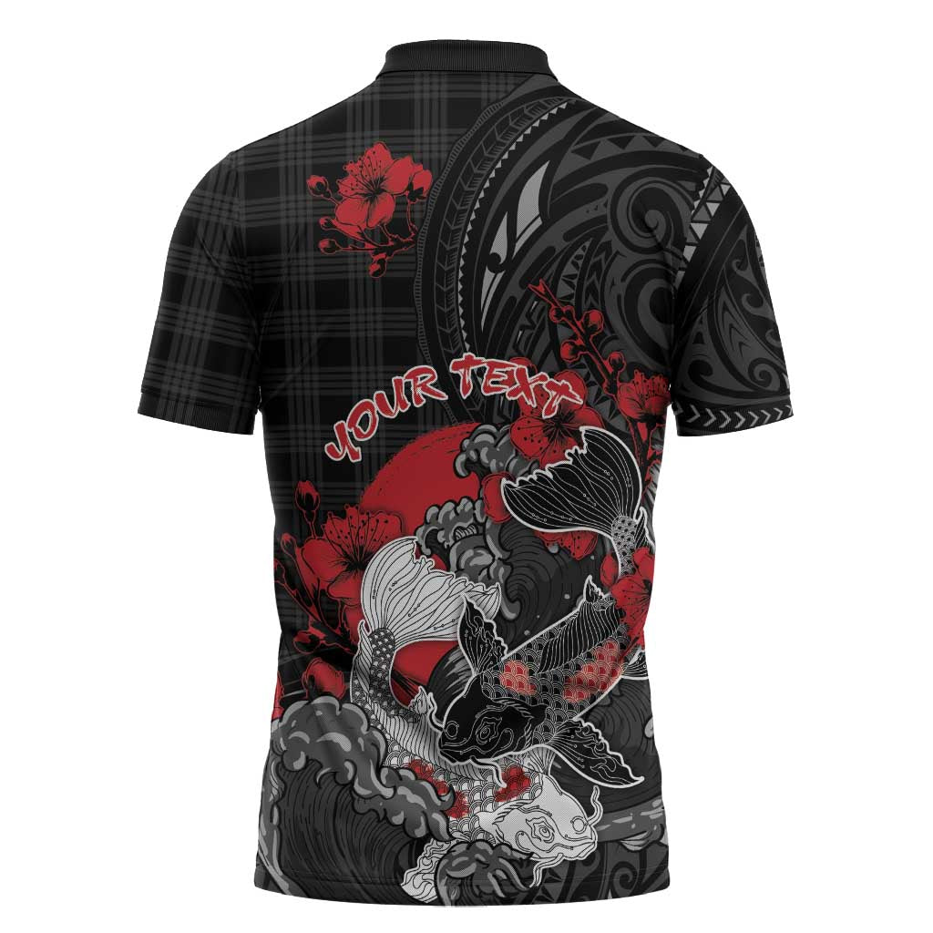 Personalised Hawaiian And Japanese Zipper Polo Shirt Aloha Koi Fish Palaka Patterns - Polynesian Pride