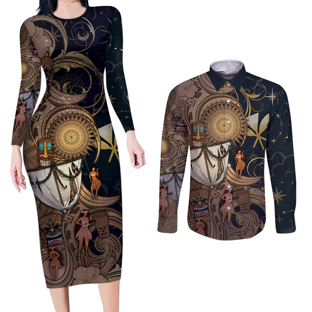 Hawaii Makahiki Couples Matching Long Sleeve Bodycon Dress and Long Sleeve Button Shirt Polynesian Sky And Earth DT05 Gold - Polynesian Pride