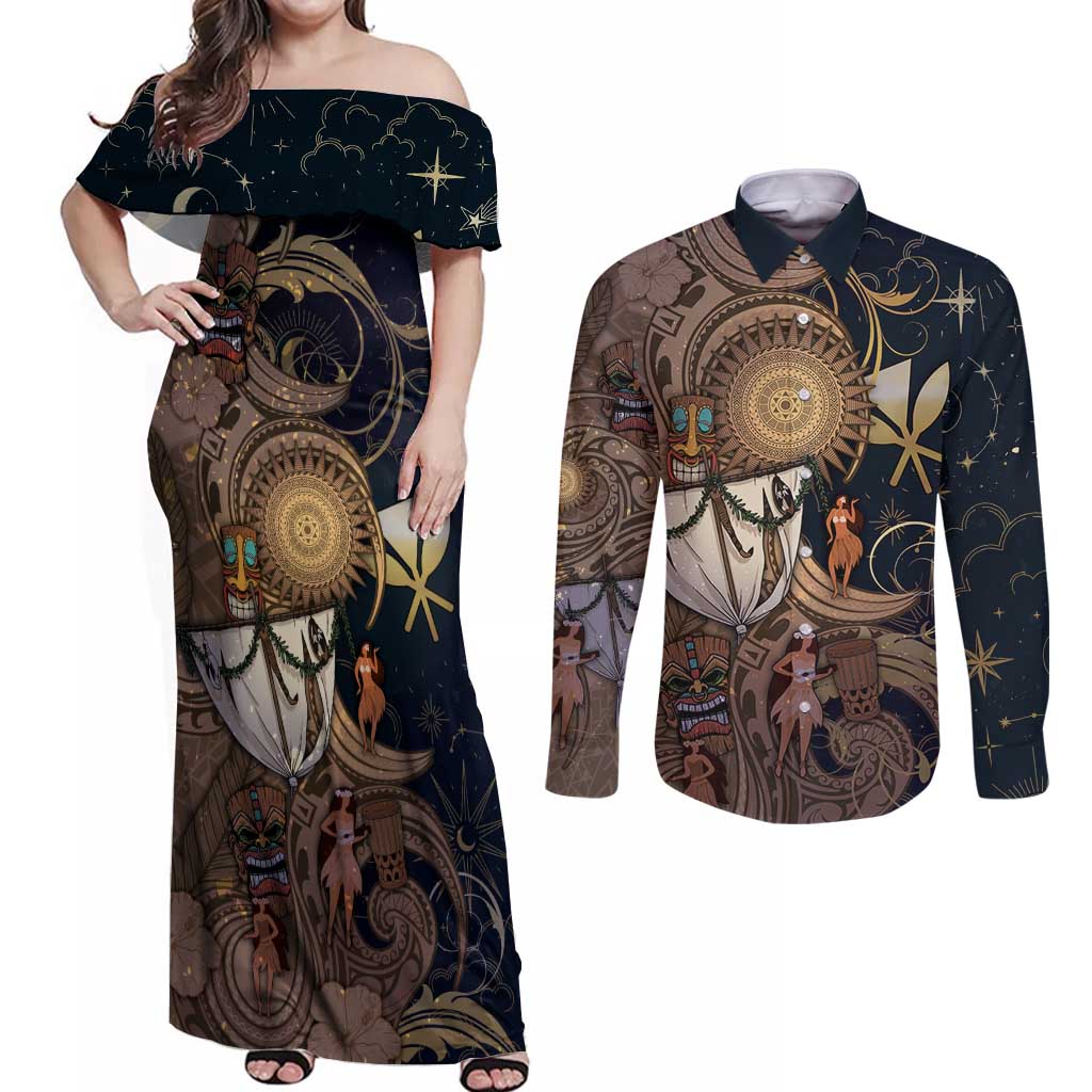 Hawaii Makahiki Couples Matching Off Shoulder Maxi Dress and Long Sleeve Button Shirt Polynesian Sky And Earth DT05 Gold - Polynesian Pride