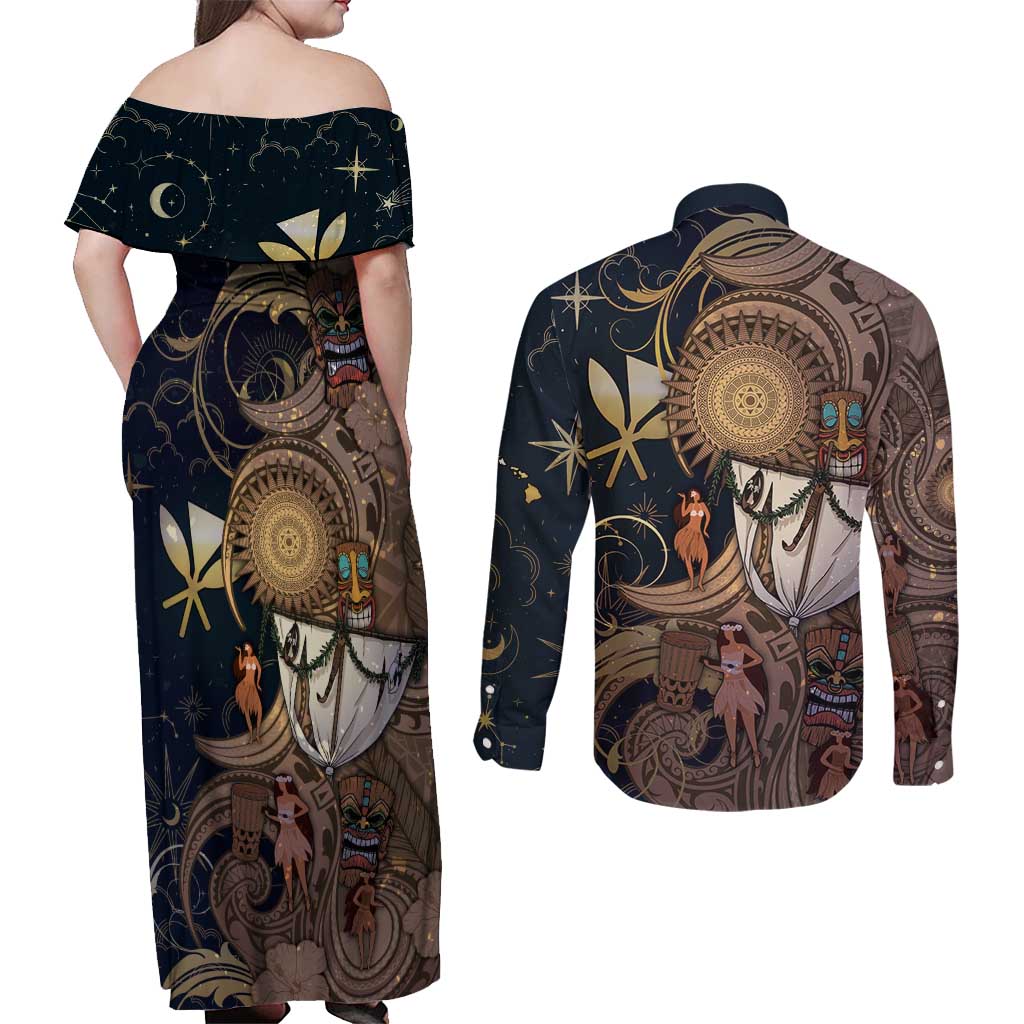 Hawaii Makahiki Couples Matching Off Shoulder Maxi Dress and Long Sleeve Button Shirt Polynesian Sky And Earth - Polynesian Pride