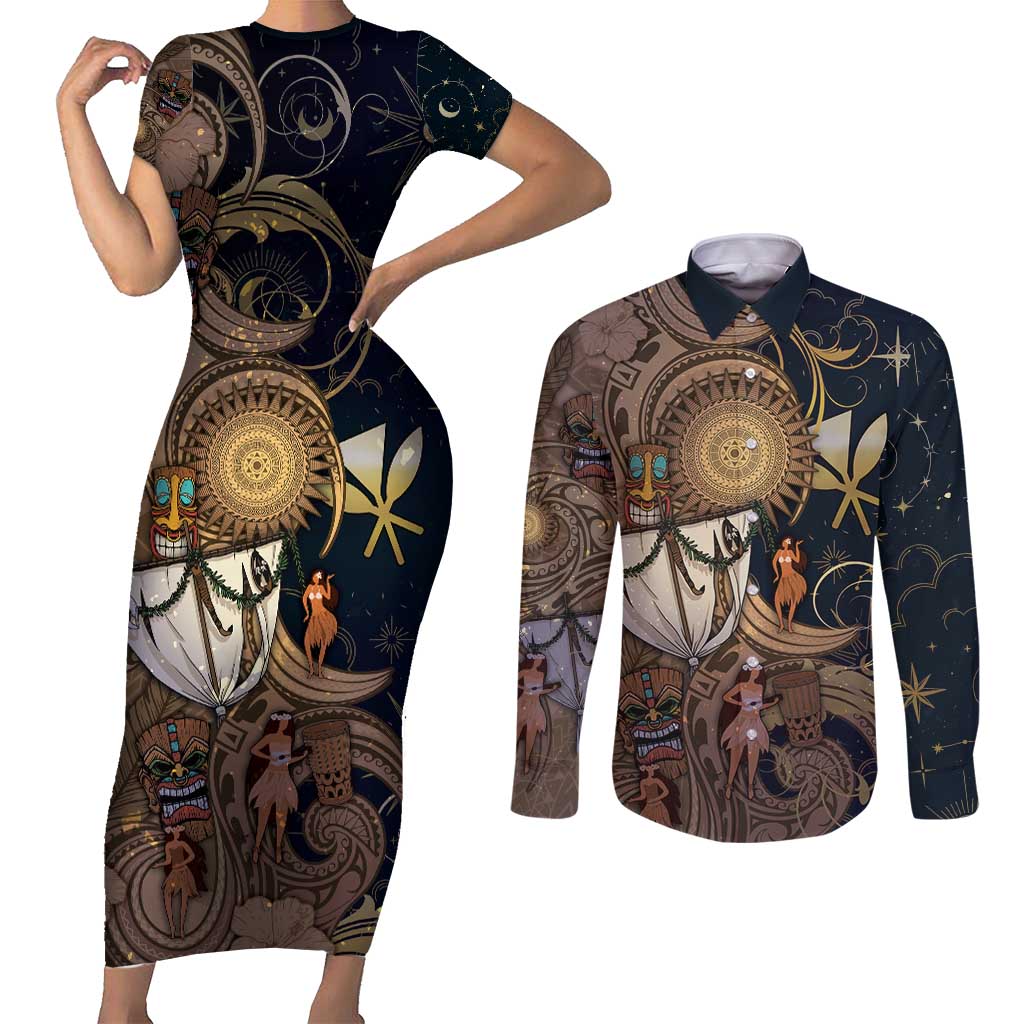Hawaii Makahiki Couples Matching Short Sleeve Bodycon Dress and Long Sleeve Button Shirt Polynesian Sky And Earth DT05 Gold - Polynesian Pride