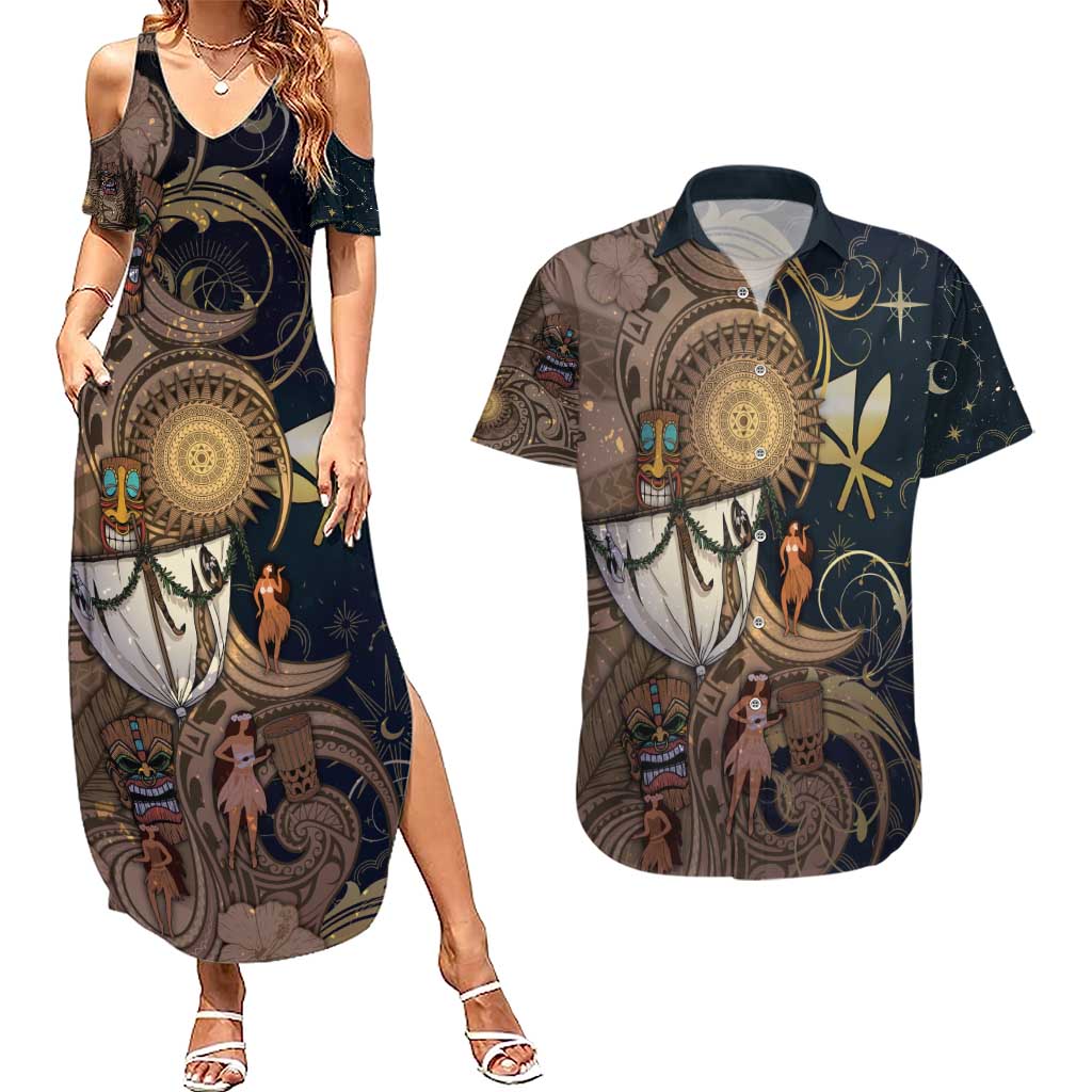 Hawaii Makahiki Couples Matching Summer Maxi Dress and Hawaiian Shirt Polynesian Sky And Earth DT05 Gold - Polynesian Pride