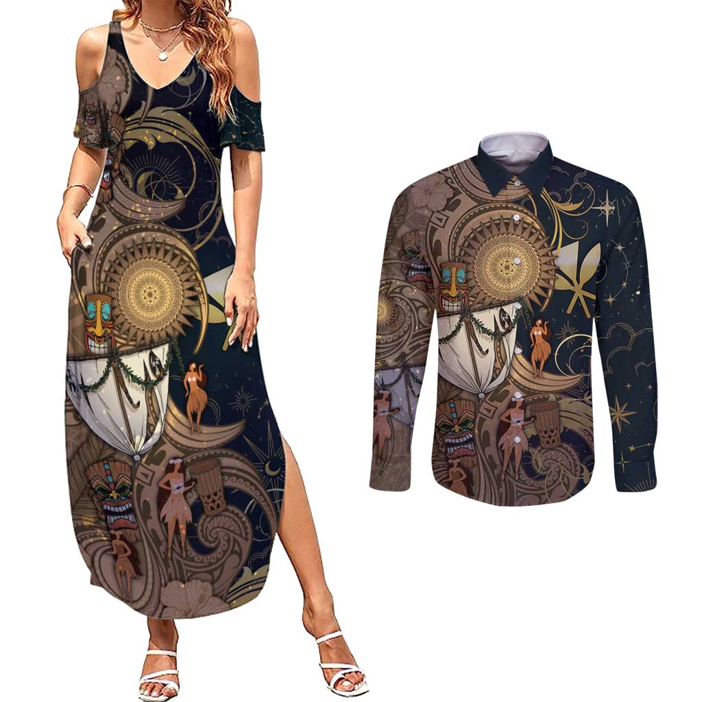Hawaii Makahiki Couples Matching Summer Maxi Dress and Long Sleeve Button Shirt Polynesian Sky And Earth DT05 Gold - Polynesian Pride