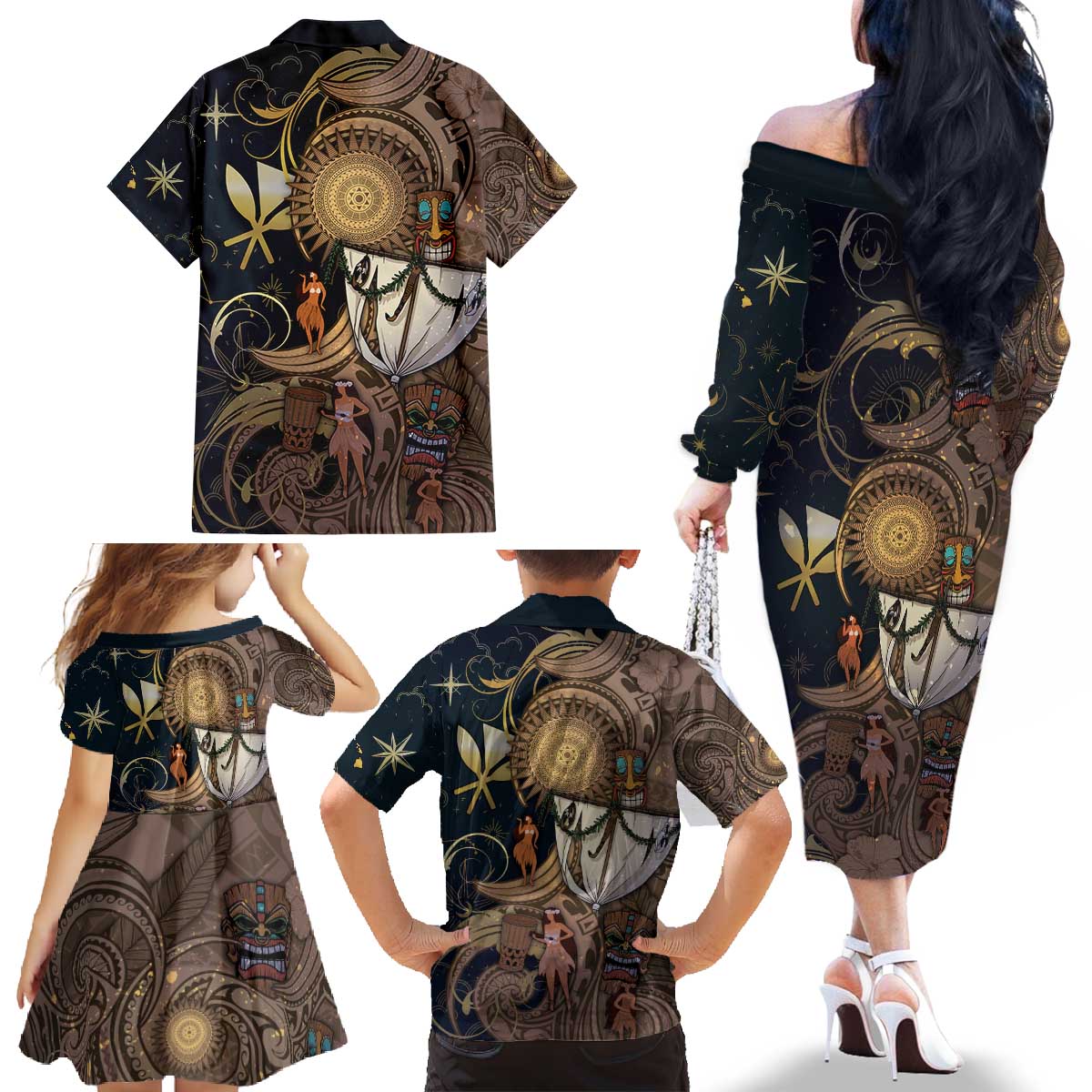 Hawaii Makahiki Family Matching Off The Shoulder Long Sleeve Dress and Hawaiian Shirt Polynesian Sky And Earth - Polynesian Pride