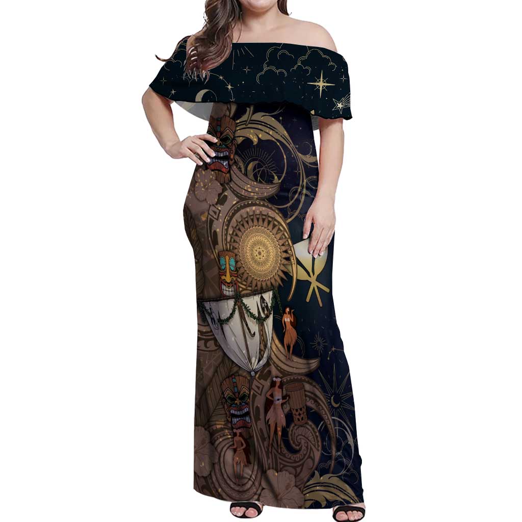 Hawaii Makahiki Off Shoulder Maxi Dress Polynesian Sky And Earth DT05 Women Gold - Polynesian Pride