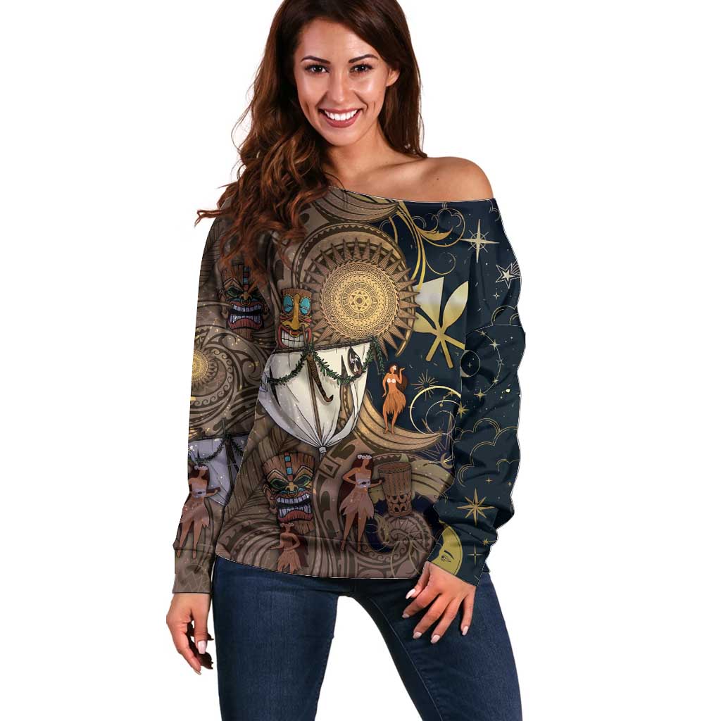 Hawaii Makahiki Off Shoulder Sweater Polynesian Sky And Earth - Polynesian Pride