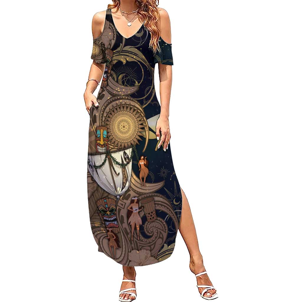 Hawaii Makahiki Summer Maxi Dress Polynesian Sky And Earth DT05 Women Gold - Polynesian Pride