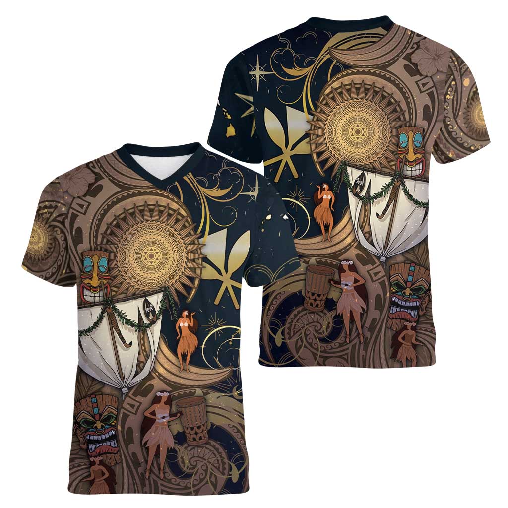 Hawaii Makahiki Women V-Neck T-Shirt Polynesian Sky And Earth - Polynesian Pride