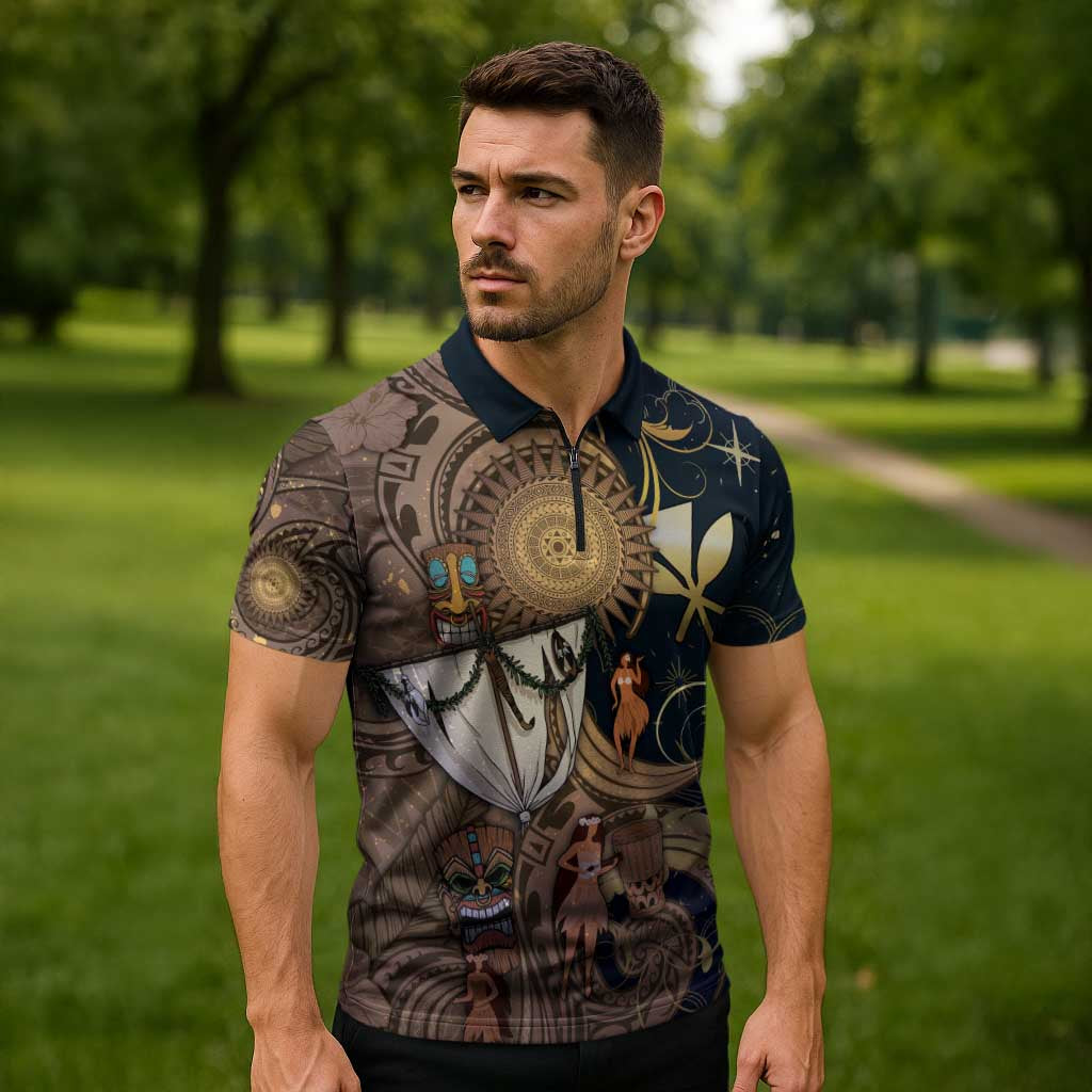 Hawaii Makahiki Zipper Polo Shirt Polynesian Sky And Earth - Polynesian Pride