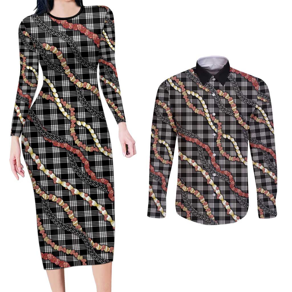 Hawaii Palaka Niihau Shell Lei Couples Matching Long Sleeve Bodycon Dress and Long Sleeve Button Shirt Tropical Island Plaid Patterns