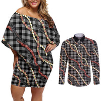 Hawaii Palaka Niihau Shell Lei Couples Matching Off Shoulder Short Dress and Long Sleeve Button Shirt Tropical Island Plaid Patterns DT05 Black - Polynesian Pride