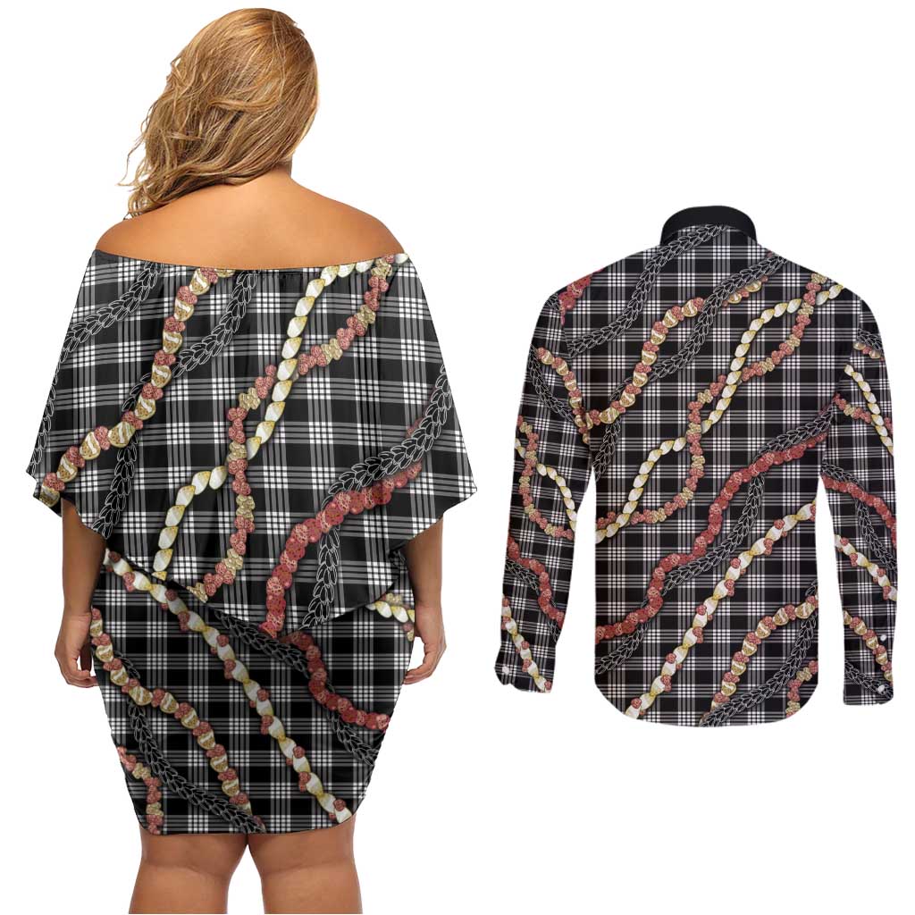 Hawaii Palaka Niihau Shell Lei Couples Matching Off Shoulder Short Dress and Long Sleeve Button Shirt Tropical Island Plaid Patterns DT05 - Polynesian Pride