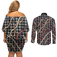 Hawaii Palaka Niihau Shell Lei Couples Matching Off Shoulder Short Dress and Long Sleeve Button Shirt Tropical Island Plaid Patterns DT05 - Polynesian Pride
