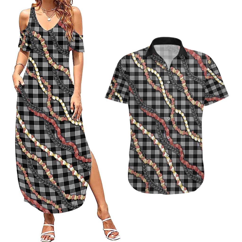 Hawaii Palaka Niihau Shell Lei Couples Matching Summer Maxi Dress and Hawaiian Shirt Tropical Island Plaid Patterns DT05 Black - Polynesian Pride
