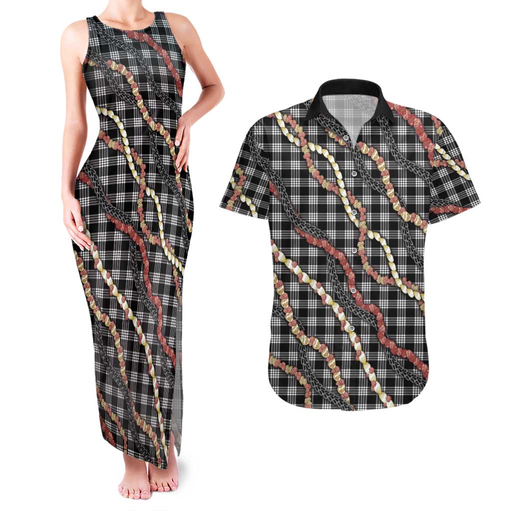 Hawaii Palaka Niihau Shell Lei Couples Matching Tank Maxi Dress and Hawaiian Shirt Tropical Island Plaid Patterns DT05 Black - Polynesian Pride